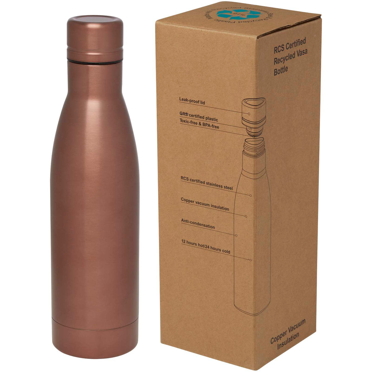 Vasa 500 ml RCS-certifierad flaska i återvunnet rostfritt stål, kopparvakuumisolerad