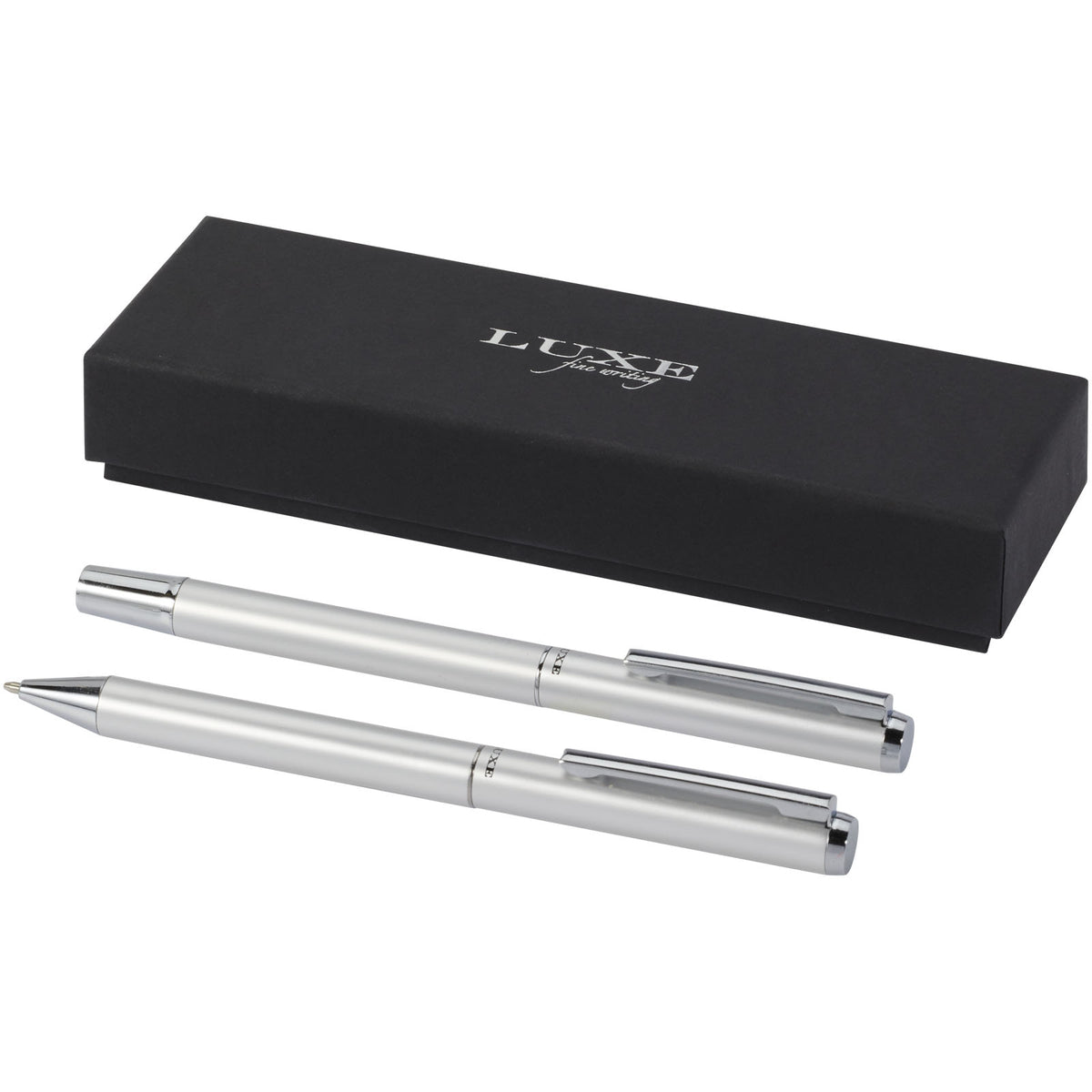 Lucetto presentförpackning med kulspetspenna och rollerballpenna i återvunnen aluminium (svart bläck)