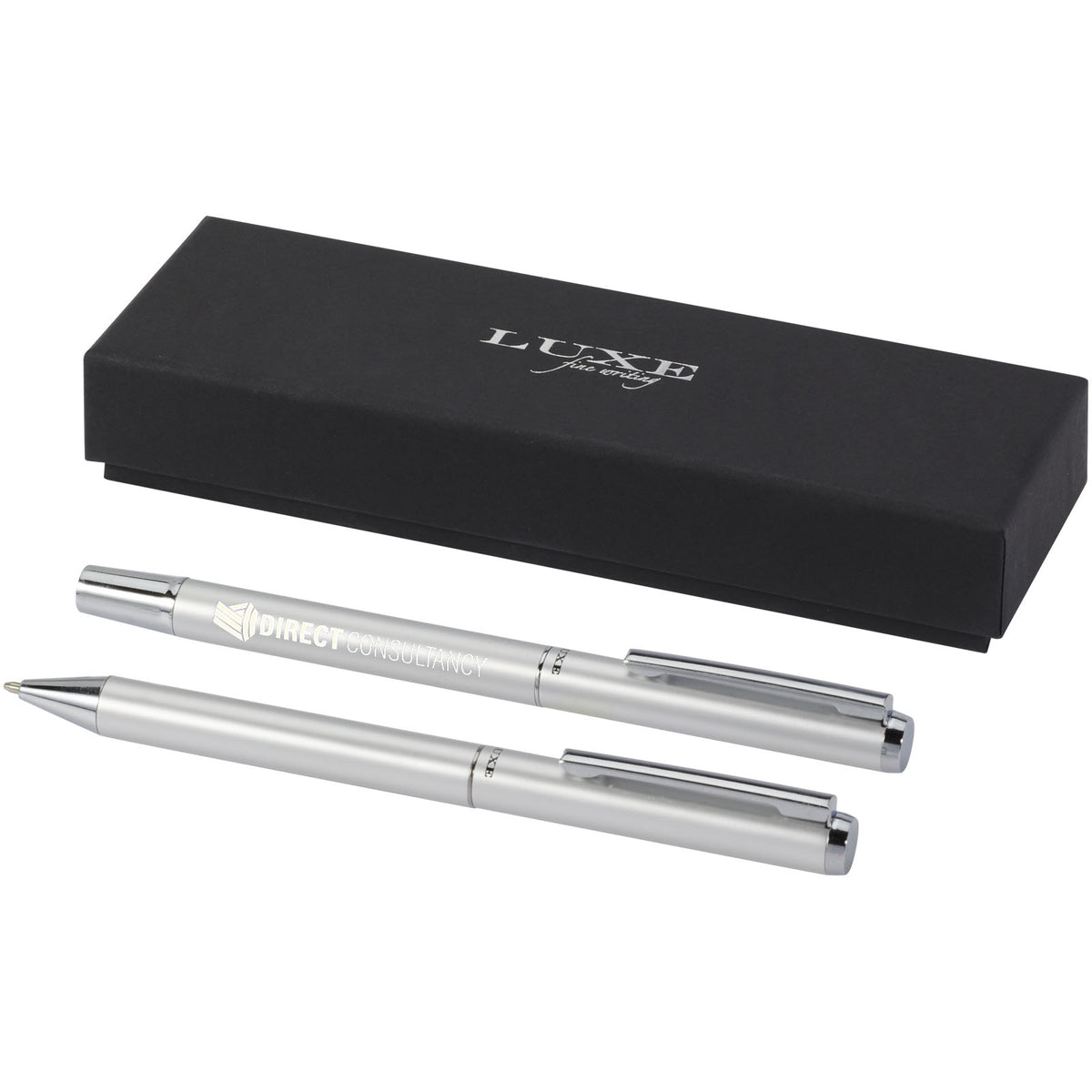 Lucetto presentförpackning med kulspetspenna och rollerballpenna i återvunnen aluminium (svart bläck)