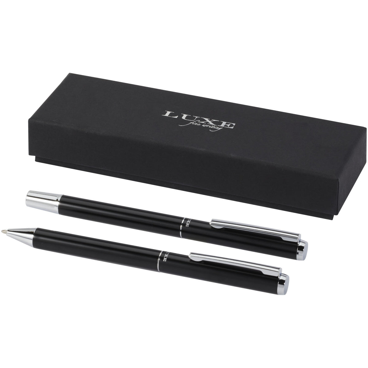 Lucetto presentförpackning med kulspetspenna och rollerballpenna i återvunnen aluminium (svart bläck)