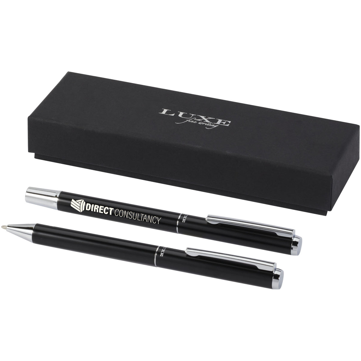 Lucetto presentförpackning med kulspetspenna och rollerballpenna i återvunnen aluminium (svart bläck)