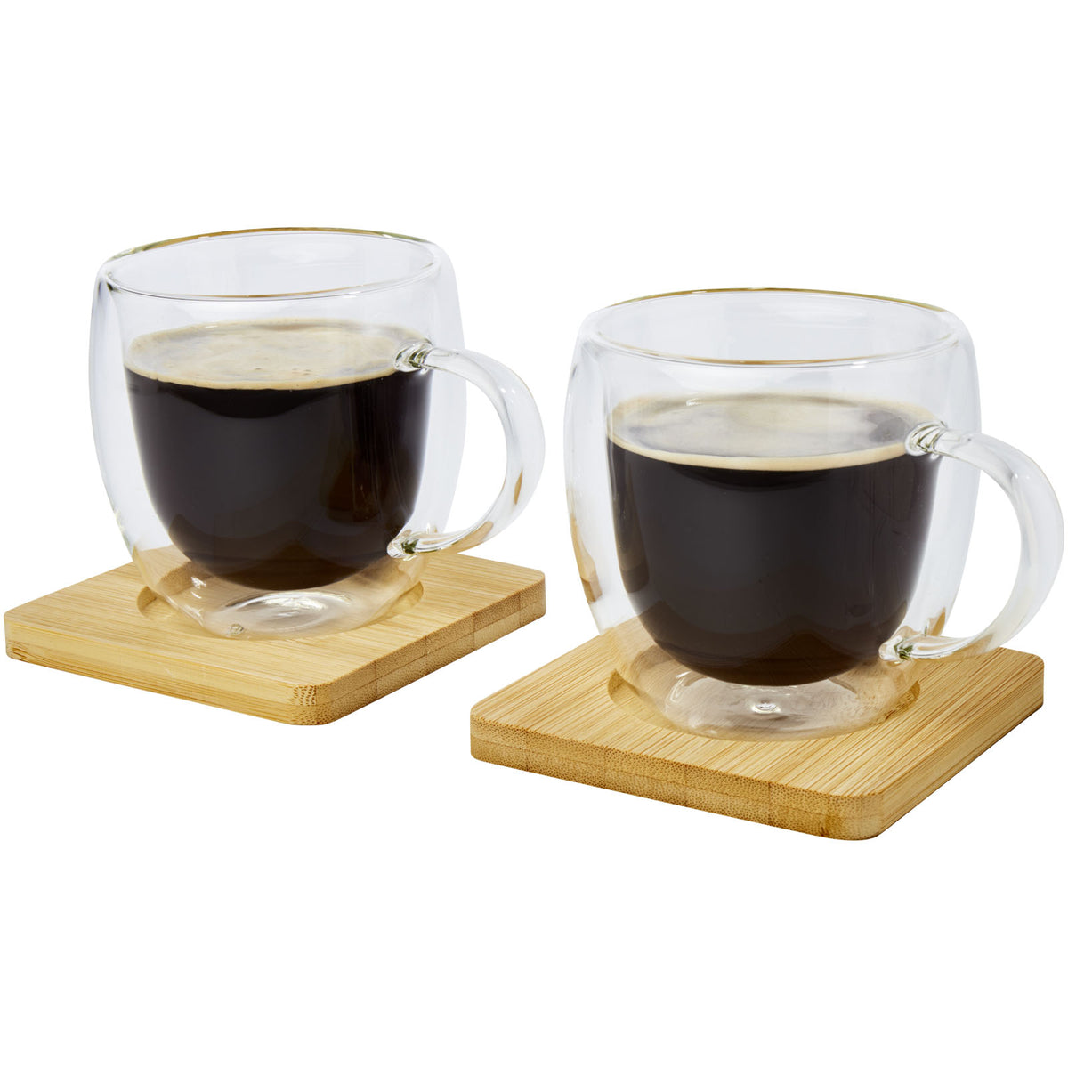 Manti två stycken 250 ml glaskopp med dubbelvägg och underlägg av bambu