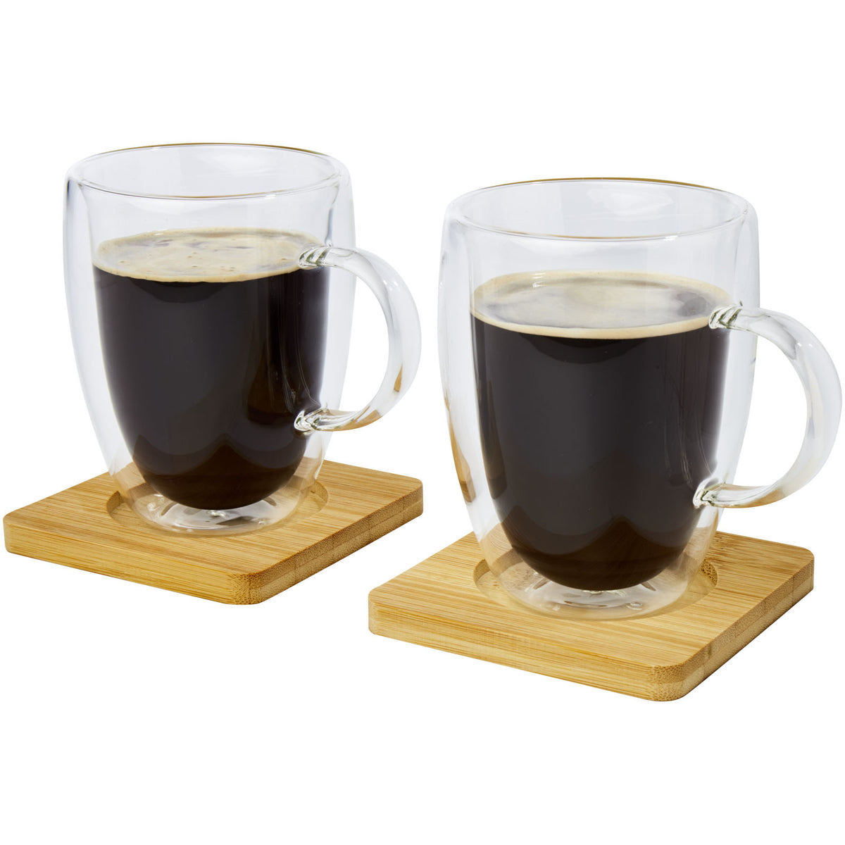 Manti två stycken 350 ml glaskopp med dubbelvägg och underlägg av bambu