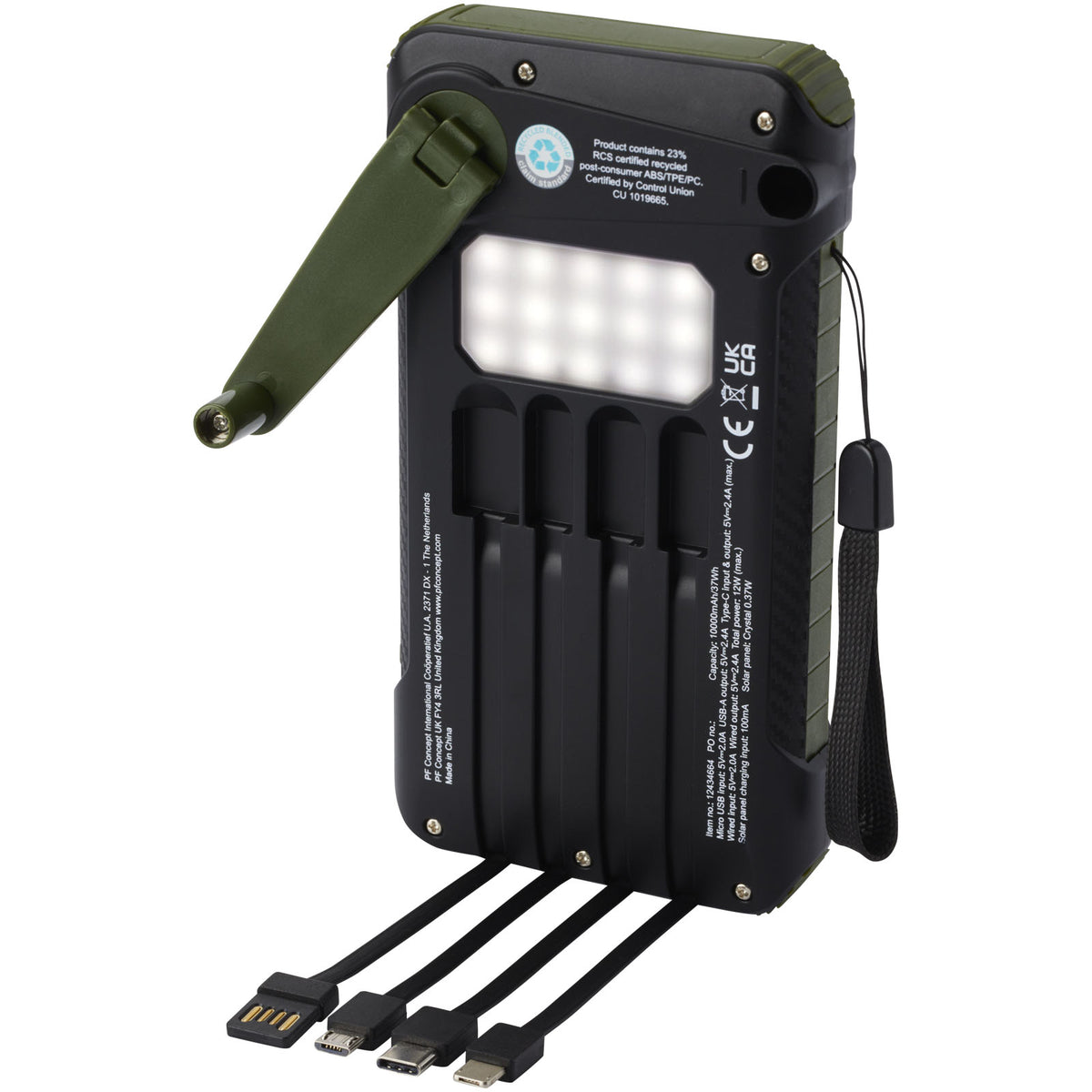 Soldy 10 000 mAh powerbank med soldynamo av RCS-återvunnen plast