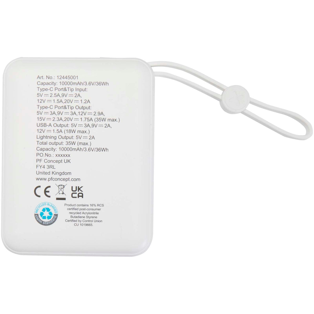 Acrux 10 000 mAh 35 W powerbank för surfplattor med inbyggd Type-C-kabel – tillverkad av återvunnen plast