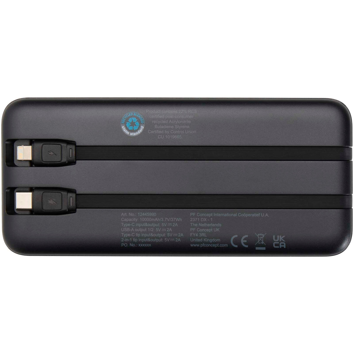 Adhil 10 000 mAh 10 W powerbank av återvunnen plast med två inbyggda kablar
