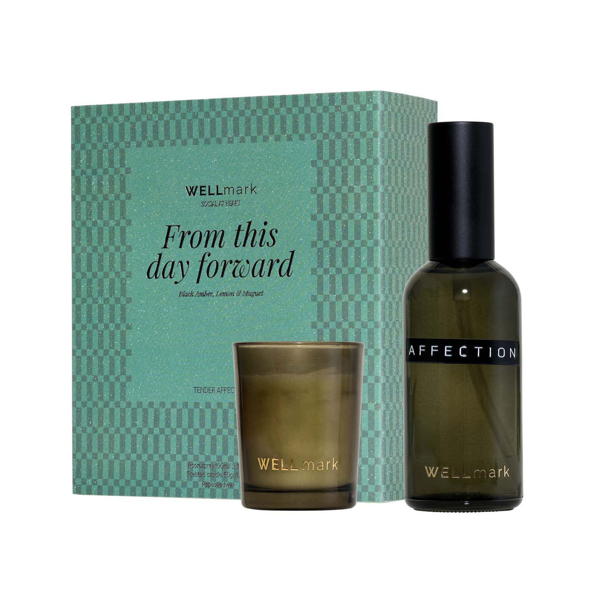 Wellmark gåvoset med 100 ml rumsdoft och 70 ml Tender Affection-ljus
