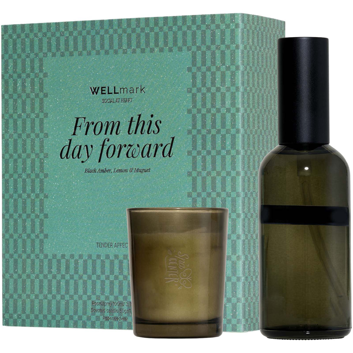 Wellmark gåvoset med 100 ml rumsdoft och 70 ml Tender Affection-ljus