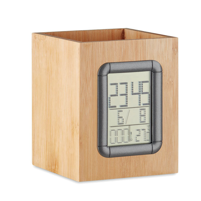 Pennhållare bambu LCD klocka